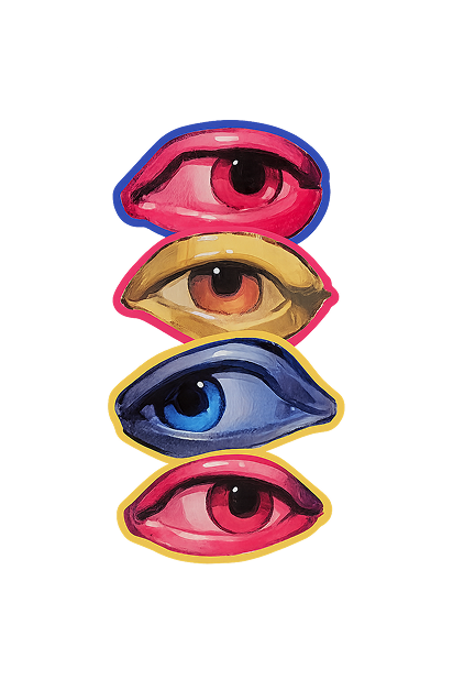 An illustration of four stacked painted eyes.
