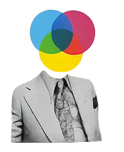 A collage: a figure in a grey suit with three overlapping primary-colour circles for a head.