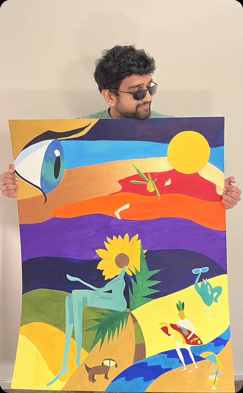 Holding up a large surrealist canvas painted over two years.
