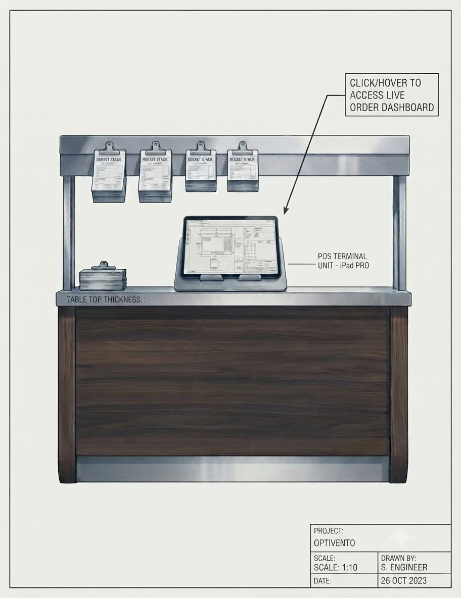 An engineering drawing of a restaurant pass: clipboards on a rail, an iPad on a stand, annotated as the POS terminal.