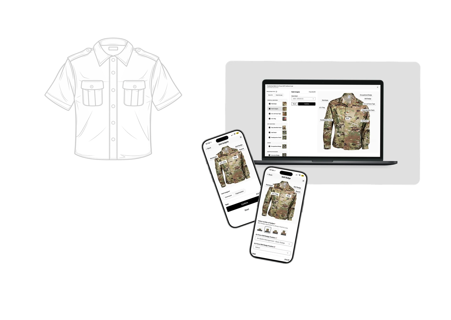 Uniform customizer — the badge-placement flow on a laptop and two phones, over a shirt technical drawing.