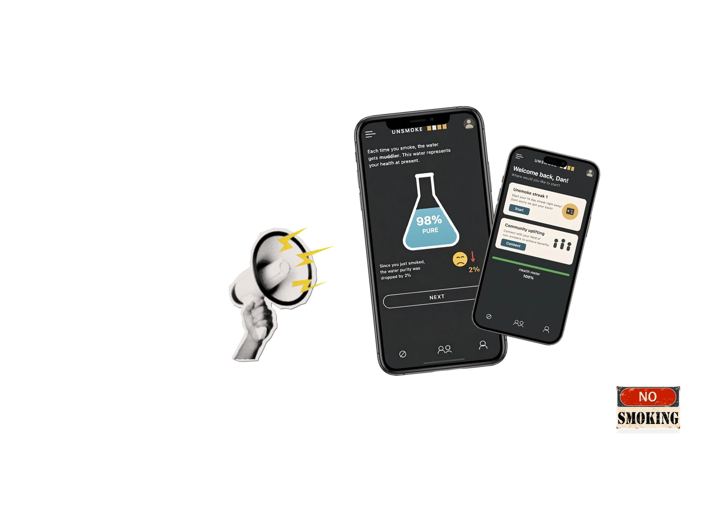 Unsmoke — the water-purity and streak screens on two phones, with a halftone megaphone.