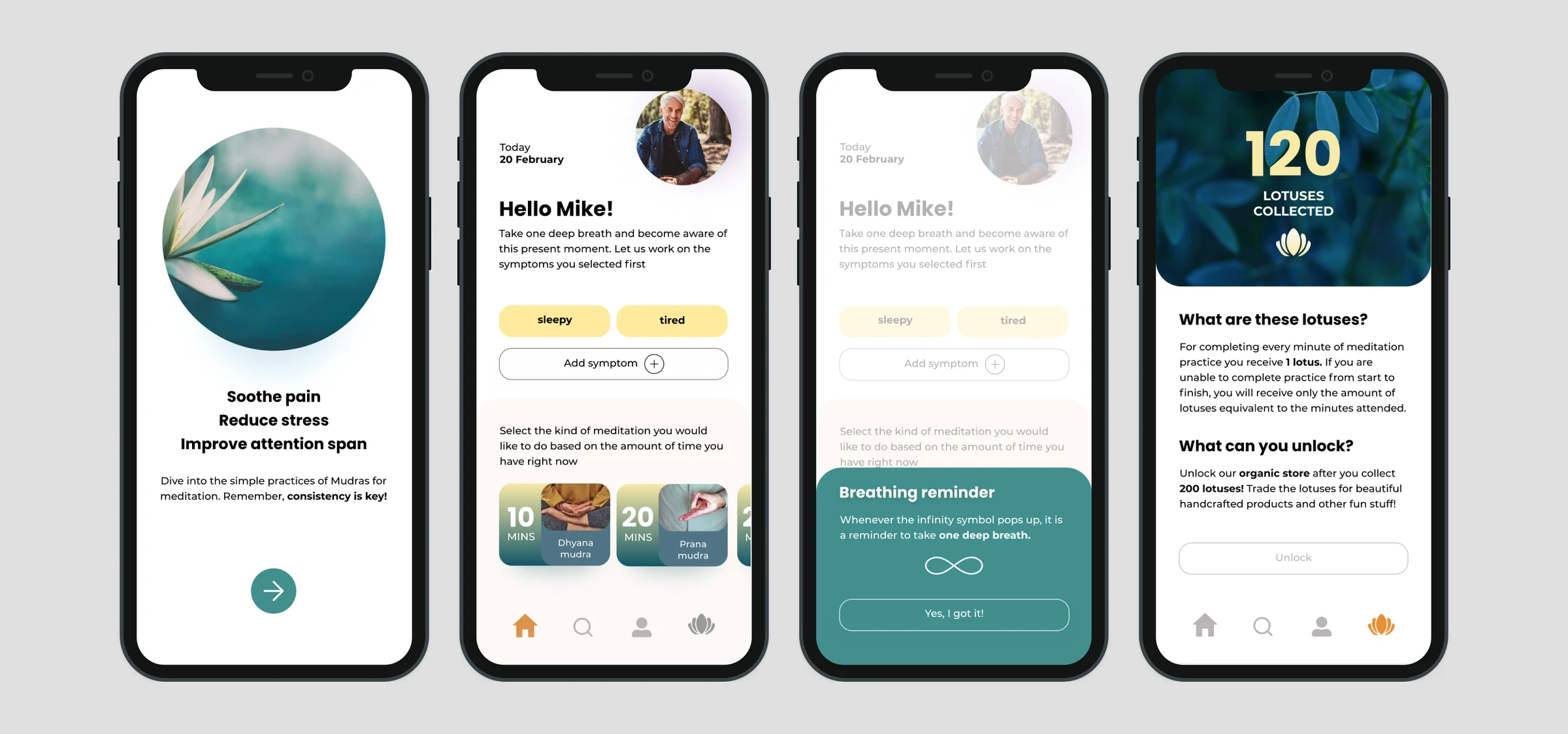 Nirvana app interface frames: onboarding and meditation selection