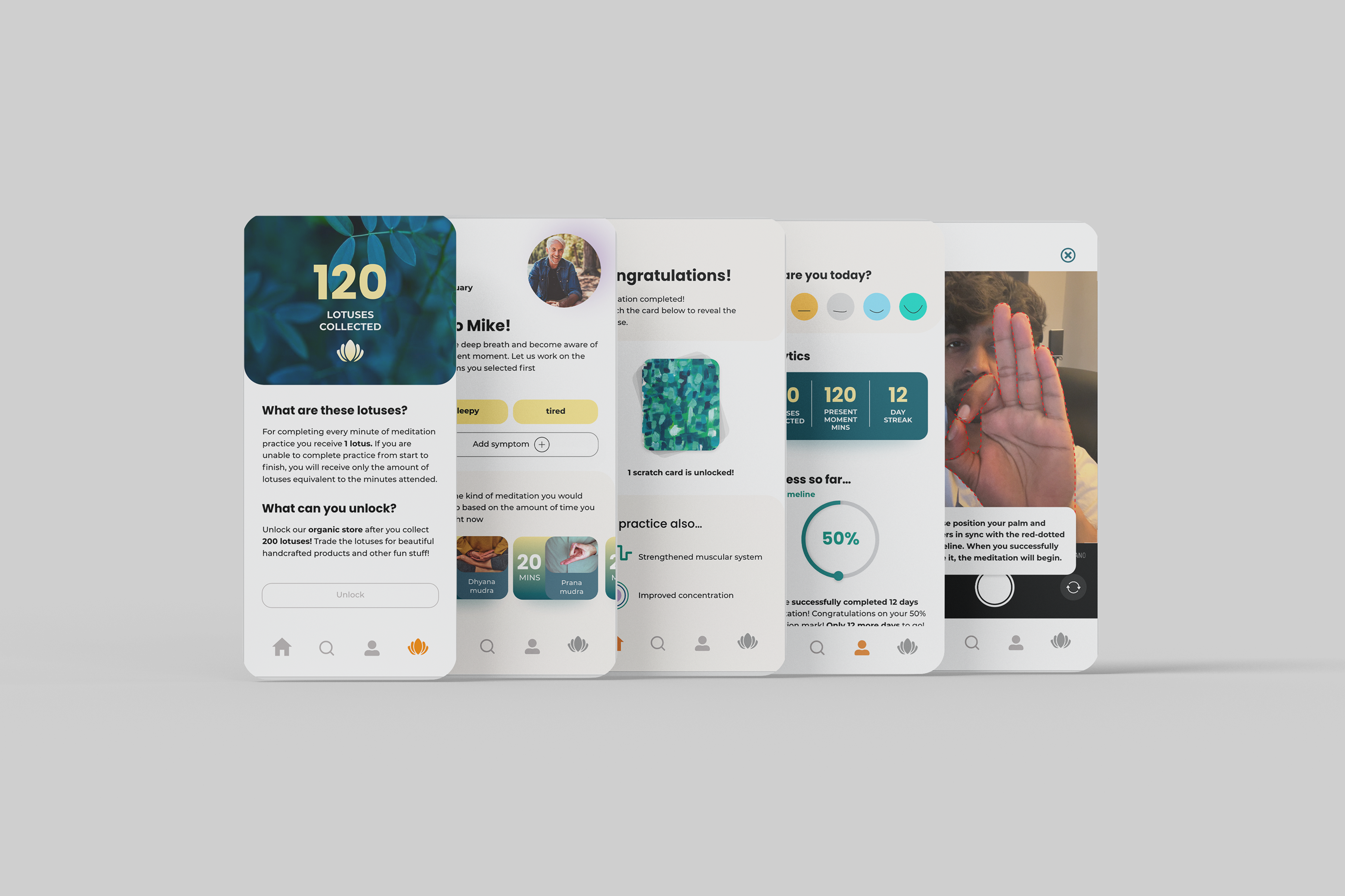 Nirvana meditation app scenes: calm illustrated meditation screens
