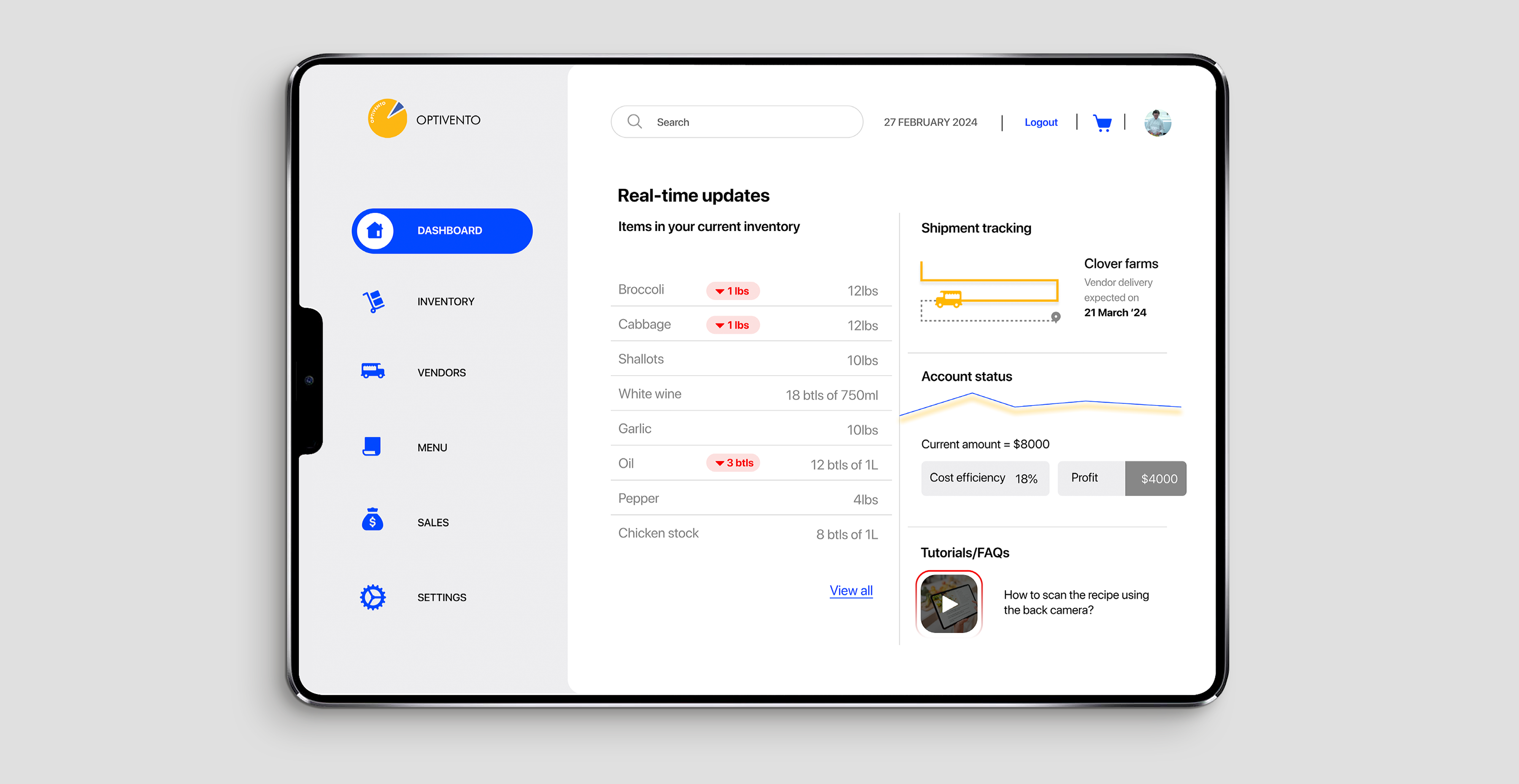 Optivento dashboard design showing inventory, pricing and sales insights