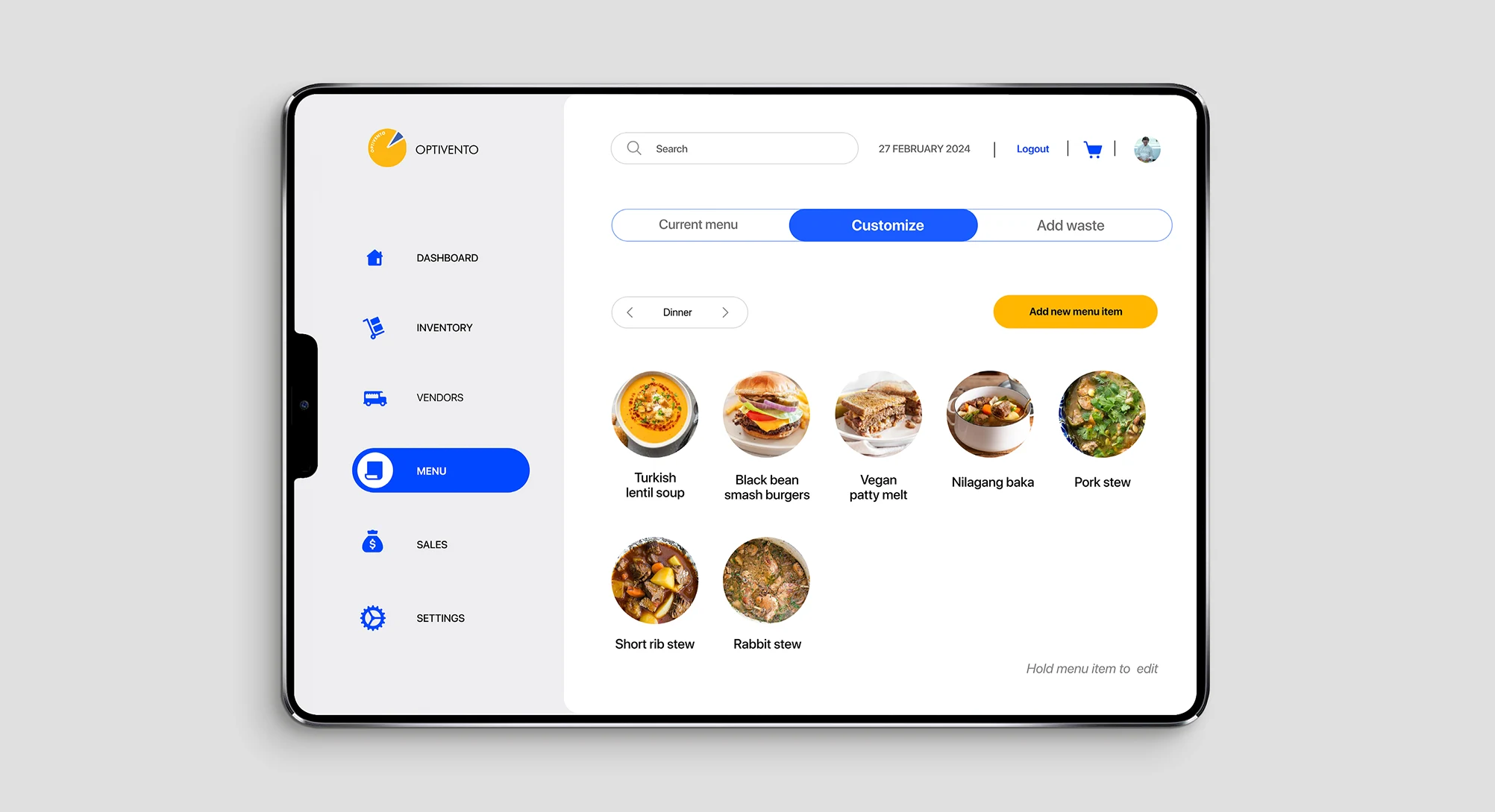 Menu manager interface for customizing dishes