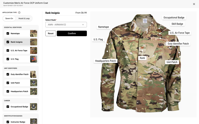 Unified full-screen customization popup with sizing, fabric and branding options in one view