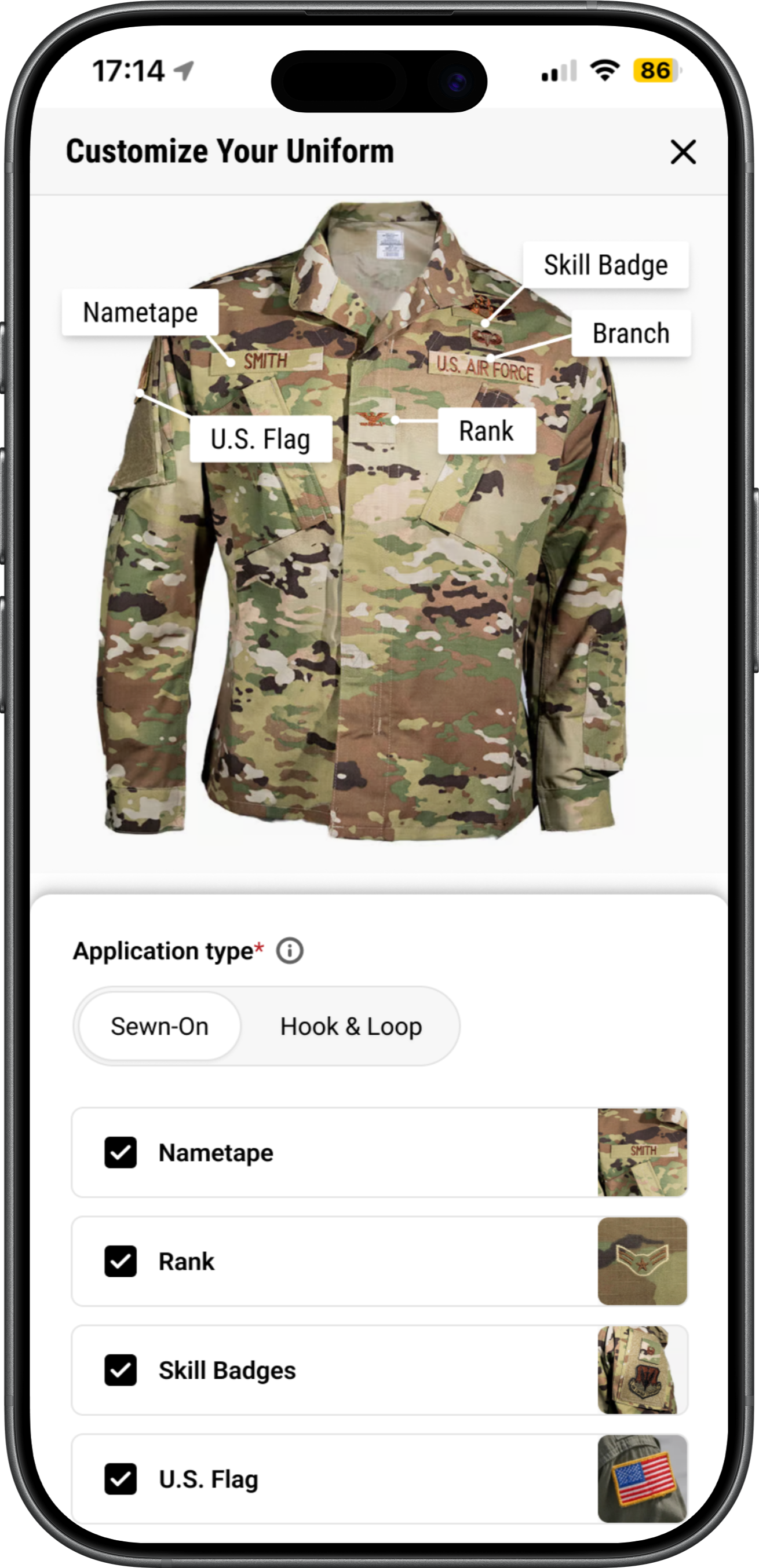 Mobile uniform customizer: step-by-step product configuration