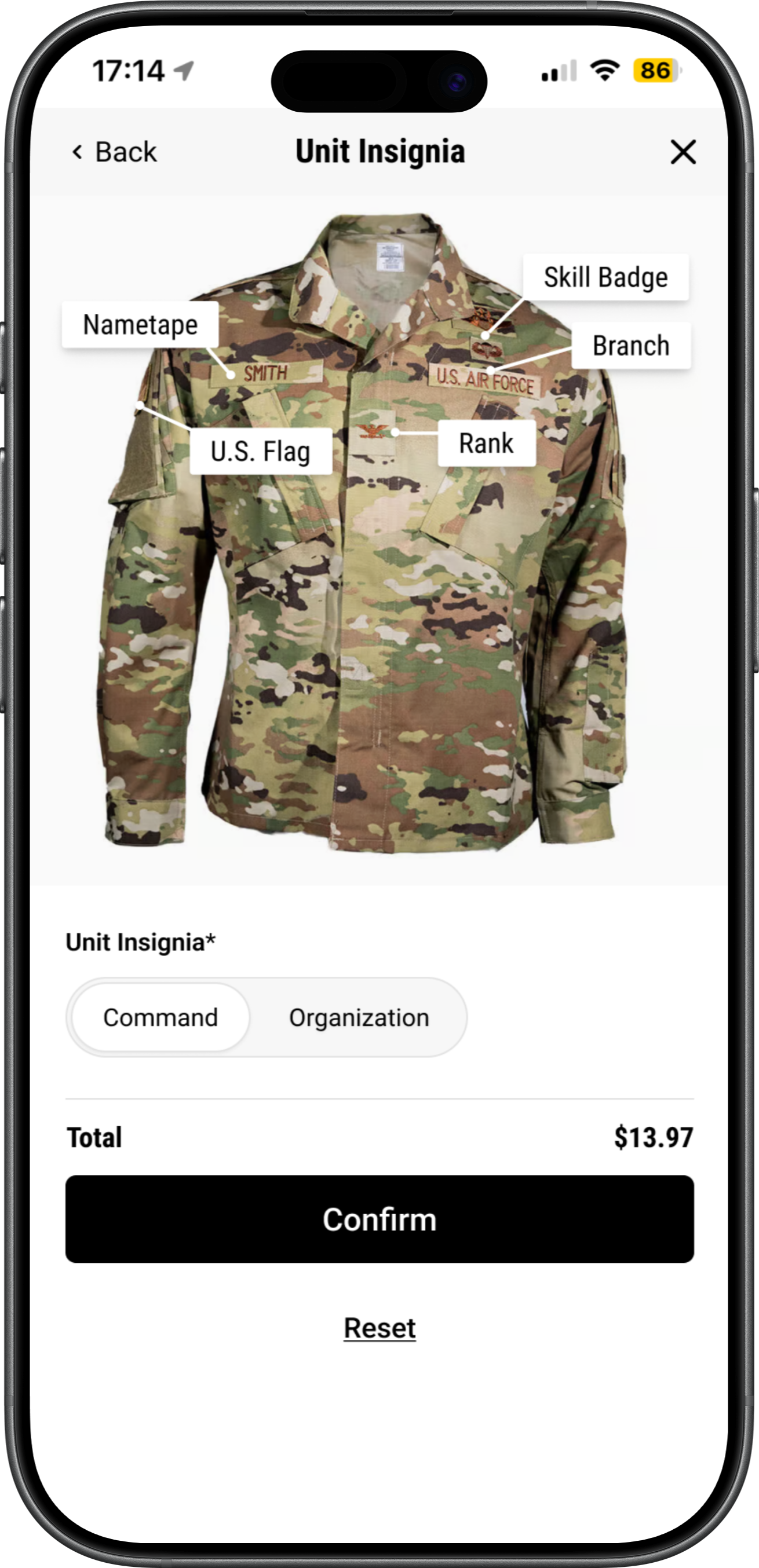 Mobile uniform customizer: grouped attribute selection