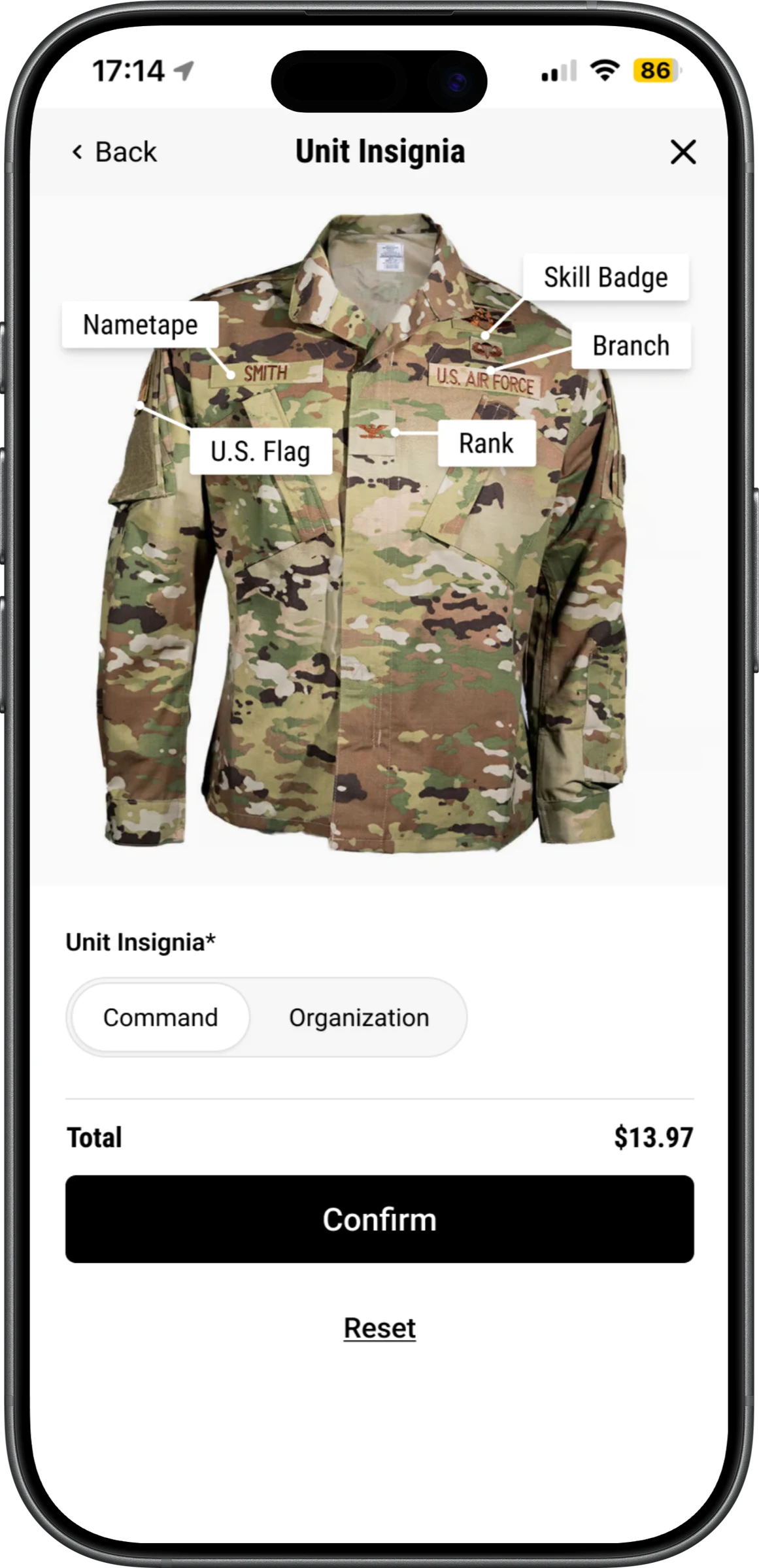 Mobile uniform customizer: grouped attribute selection