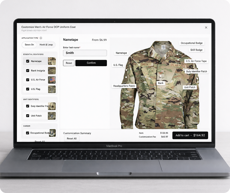 Galls uniform customizer shown on a laptop screen