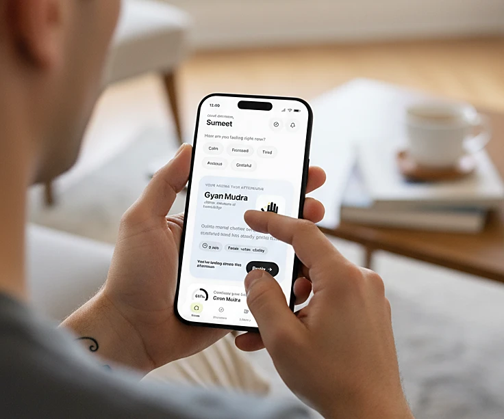 A person on a sofa using the Nirvana app, with the Gyan Mudra recommendation on screen