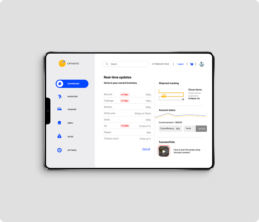 Optivento inventory dashboard interface
